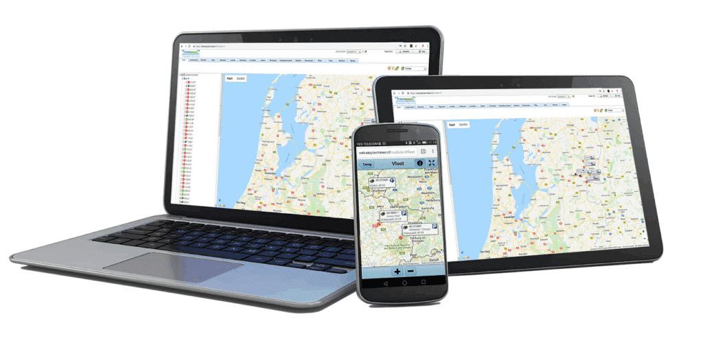 EasyTrack fleet management software weergegeven op laptop-, tablet- en smartphoneschermen met realtime voertuiglocaties en routes.